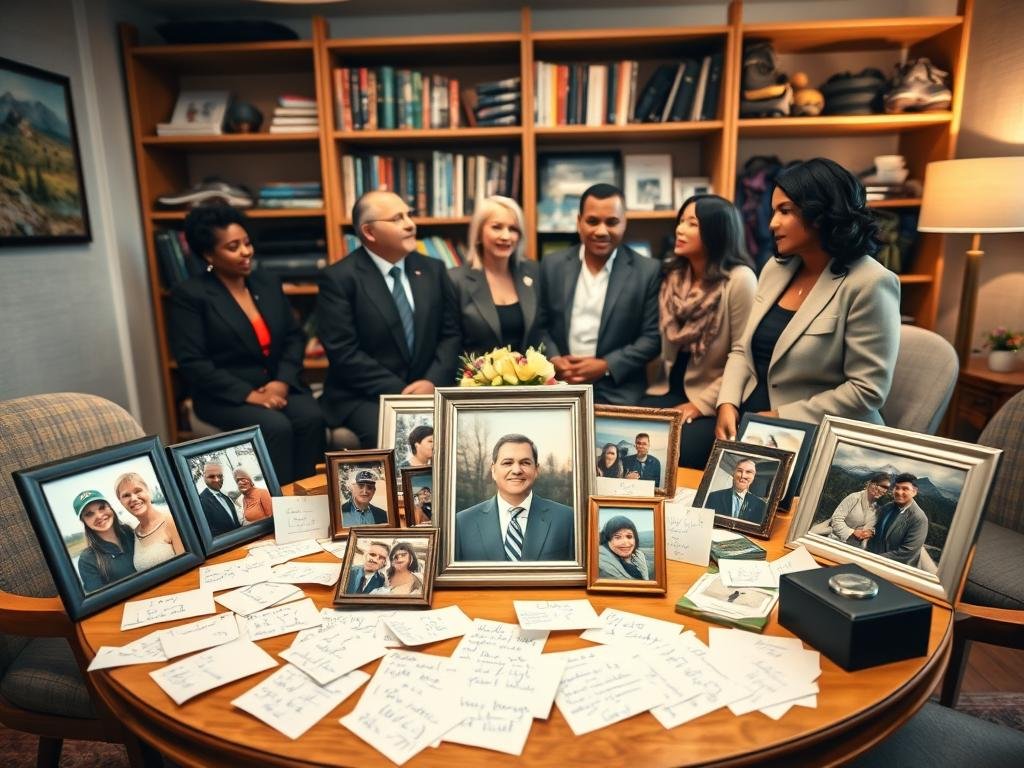 A warm, heartfelt tribute scene set in a cozy office environment. In the foreground, a round table adorned with a collection of framed photographs and personal mementos of Terry Tomalin, capturing joyful moments with colleagues and friends. Scattered notes filled with handwritten memories and messages of admiration surround the photos. In the middle, a group of three diverse colleagues, dressed in professional business attire, engage in a thoughtful discussion, their expressions reflecting both sadness and camaraderie. The background features soft lighting that creates a comforting atmosphere, with a bookshelf filled with nature-related literature and outdoor adventure gear, hinting at Terry's passion. A gentle lens blur adds a touch of intimacy to the scene, evoking a profound sense of loss yet celebration of life. A warm, heartfelt tribute scene set in a cozy office environment. In the foreground, a round table adorned with a collection of framed photographs and personal mementos of Terry Tomalin, capturing joyful moments with colleagues and friends. Scattered notes filled with handwritten memories and messages of admiration surround the photos. In the middle, a group of three diverse colleagues, dressed in professional business attire, engage in a thoughtful discussion, their expressions reflecting both sadness and camaraderie. The background features soft lighting that creates a comforting atmosphere, with a bookshelf filled with nature-related literature and outdoor adventure gear, hinting at Terry's passion. A gentle lens blur adds a touch of intimacy to the scene, evoking a profound sense of loss yet celebration of life.