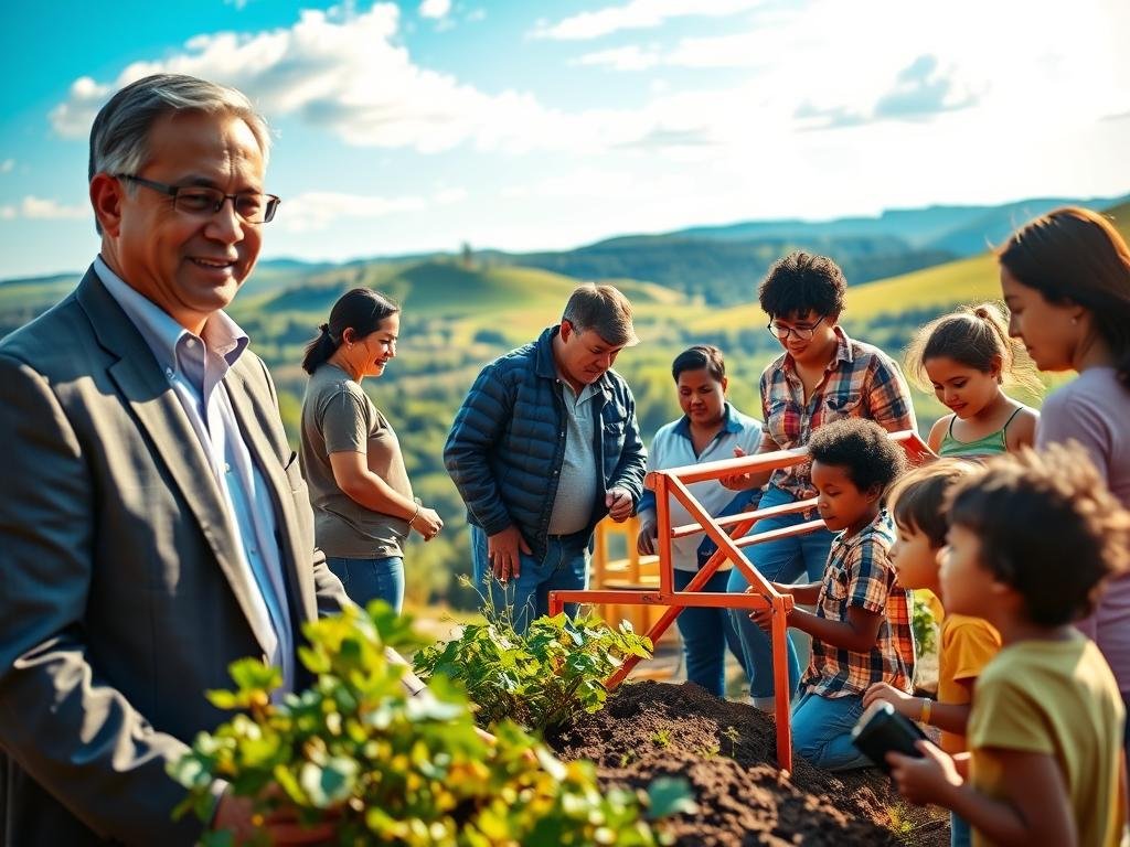 A warm, inviting scene depicting a diverse group of individuals in a community service setting, symbolizing a journey from Arkansas roots to a life dedicated to helping others. In the foreground, a middle-aged man in professional business attire, with a friendly smile, interacts with children, teaching them gardening. In the middle, volunteers, varied in age and ethnicity, collaborate on a community project, constructing a small playground, showcasing teamwork and compassion. The background features a picturesque Arkansas landscape with rolling hills and a bright blue sky, representing hope and growth. Soft, natural lighting creates a welcoming atmosphere, with a shallow depth of field focusing on the people while gently blurring the background. The overall mood conveys a sense of community, service, and positive impact.