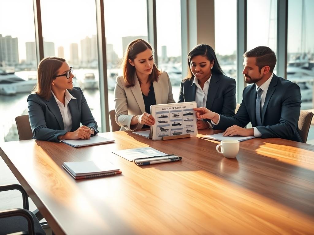 A well-lit conference room with a large wooden table, in the foreground, showcasing a diverse group of three professionals in smart business attire, discussing a detailed buyer's checklist for purchasing a boat. One person is pointing to a tablet displaying images of various boats. In the middle, there are notepads, pens, and a coffee cup, emphasizing an organized, strategic approach. In the background, large windows reveal a sunny Tampa skyline and marina, with boats docked, illustrating the exciting opportunity of the boat show. The atmosphere is focused and collaborative, with warm natural light flooding the room, highlighting the importance of decision-making in the buying process. A well-lit conference room with a large wooden table, in the foreground, showcasing a diverse group of three professionals in smart business attire, discussing a detailed buyer's checklist for purchasing a boat. One person is pointing to a tablet displaying images of various boats. In the middle, there are notepads, pens, and a coffee cup, emphasizing an organized, strategic approach. In the background, large windows reveal a sunny Tampa skyline and marina, with boats docked, illustrating the exciting opportunity of the boat show. The atmosphere is focused and collaborative, with warm natural light flooding the room, highlighting the importance of decision-making in the buying process.