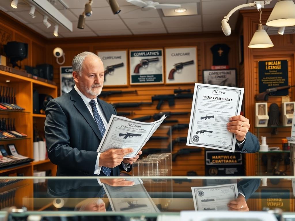 A well-lit interior of a pawn shop with a focus on firearms compliance. In the foreground, a professional-looking pawnbroker in a smart business suit examines a certification document regarding firearms licensing, while standing behind a glass counter displaying handguns and rifles. The middle ground features shelves lined with various firearm accessories and compliance posters on the wall that highlight safety regulations. The background reveals a welcoming atmosphere with warm wooden tones, showcasing ornate displays and security features like surveillance cameras. Soft artificial lighting highlights the attention to detail and adds a sense of professionalism. The overall mood is serious yet approachable, emphasizing trust and compliance in a firearms pawnbroker's environment.