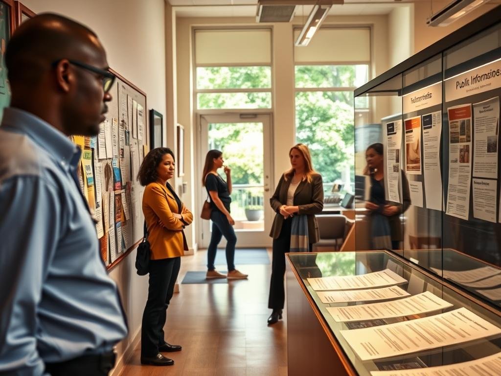 A well-organized public information center showcasing a community bulletin board filled with colorful flyers and announcements. In the foreground, a community member, dressed in professional attire, is engaged in discussion with another individual, highlighting the importance of local updates. The middle ground features a large glass display case containing public records and news articles, illuminated by warm, soft lighting. In the background, a welcoming room with floor-to-ceiling windows lets in natural light, creating an inviting atmosphere. The overall mood is one of engagement and community connection, with hints of greenery through the windows to suggest a vibrant neighborhood. The perspective is slightly angled to emphasize both the individuals and the display, giving depth to the scene without any text or additional elements. A well-organized public information center showcasing a community bulletin board filled with colorful flyers and announcements. In the foreground, a community member, dressed in professional attire, is engaged in discussion with another individual, highlighting the importance of local updates. The middle ground features a large glass display case containing public records and news articles, illuminated by warm, soft lighting. In the background, a welcoming room with floor-to-ceiling windows lets in natural light, creating an inviting atmosphere. The overall mood is one of engagement and community connection, with hints of greenery through the windows to suggest a vibrant neighborhood. The perspective is slightly angled to emphasize both the individuals and the display, giving depth to the scene without any text or additional elements.