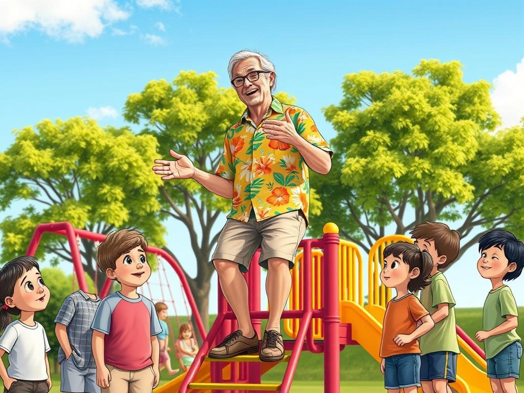 A whimsical illustration depicting a Florida man of middle age, wearing a bright Hawaiian shirt and khaki shorts, perched atop colorful playground equipment, surrounded by curious children listening attentively. In the foreground, the man gestures animatedly, embodying a playful and educational demeanor. The children, dressed in casual, modest clothing, exhibit expressions of wonder and amusement. In the middle ground, the vibrant playground features swings, slides, and a jungle gym under a clear blue sky, with warm sunlight casting soft shadows. In the background, lush green trees sway gently in a light breeze, completing the cheerful atmosphere. The focus is on creating a lighthearted, yet informative mood, emphasizing the whimsical nature of the scene, while ensuring a professional and inviting aesthetic without any text or overlays.