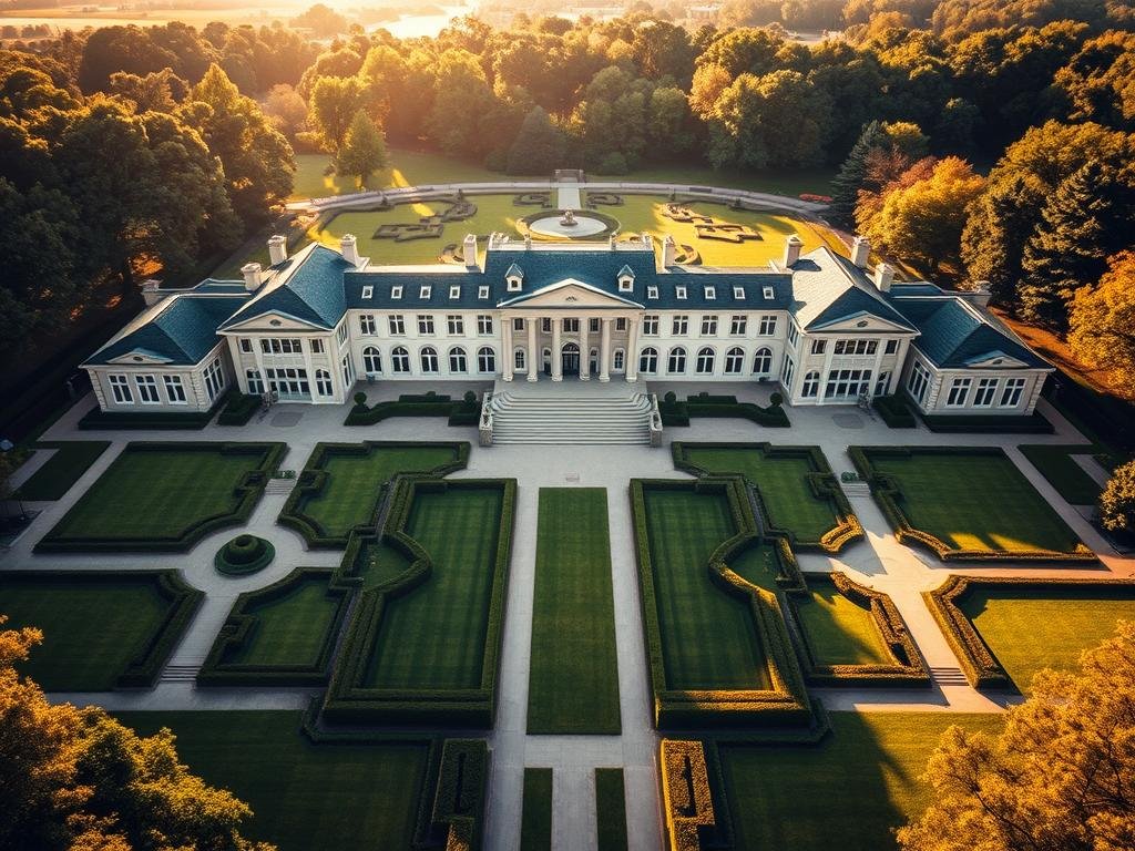 Aerial view of a sprawling estate layout featuring a grand main hall at the center, flanked by two elegant wings extending outwards. Each wing showcases large windows reflecting the sunlight. Surrounding the main structure, several beautifully designed family courtyards, lush gardens, and symmetrical pathways are visible, offering an inviting atmosphere. The scene is bathed in warm afternoon light, creating a soft glow over the landscape. The angle captures the harmonious architectural balance of the estate, emphasizing its luxurious yet welcoming design. Rich green lawns and well-maintained hedges enhance the opulence, while distant trees frame the background, adding depth to the composition. The overall mood conveys sophistication and serenity. Aerial view of a sprawling estate layout featuring a grand main hall at the center, flanked by two elegant wings extending outwards. Each wing showcases large windows reflecting the sunlight. Surrounding the main structure, several beautifully designed family courtyards, lush gardens, and symmetrical pathways are visible, offering an inviting atmosphere. The scene is bathed in warm afternoon light, creating a soft glow over the landscape. The angle captures the harmonious architectural balance of the estate, emphasizing its luxurious yet welcoming design. Rich green lawns and well-maintained hedges enhance the opulence, while distant trees frame the background, adding depth to the composition. The overall mood conveys sophistication and serenity.