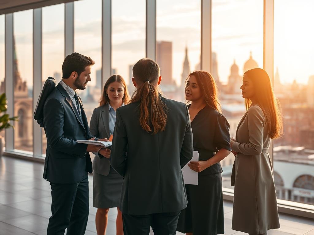 An interconnected scene illustrating the child welfare system in St. Petersburg. In the foreground, diverse professionals in business attire engage in a discussion, surrounded by city-related documents and a laptop. The middle ground features a contemporary office space with large windows showcasing a view of St. Petersburg’s architecture, symbolizing institutional dynamics. The background highlights iconic landmarks, blending them subtly into the skyline, while soft afternoon light filters through the windows, casting warm shadows. The mood is focused and contemplative, emphasizing the seriousness of child welfare issues. Use a shallow depth of field to draw attention to the professionals while maintaining a contextual awareness of the city’s backdrop. The overall ambiance should reflect a blend of hope and urgency in addressing child welfare challenges.