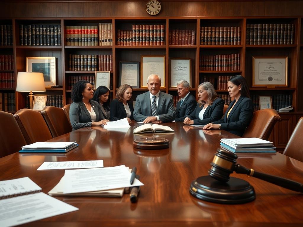 An office setting featuring a polished wooden conference table at the forefront, surrounded by legal documents, case files, and a gavel, all signifying an intense legal examination. In the middle ground, a professional-looking group of diverse individuals, attired in formal business attire, engaged in a serious discussion, highlighting collaboration in deliberation. The background showcases bookshelves filled with law books and framed legal certificates, creating an academic atmosphere. Soft, focused lighting illuminates the scene, casting subtle shadows that enhance the depth. The overall mood is one of seriousness and professionalism, reflecting the gravity of the legal issues at hand, making it visually compelling for an article on the complexities of the Tampa case. An office setting featuring a polished wooden conference table at the forefront, surrounded by legal documents, case files, and a gavel, all signifying an intense legal examination. In the middle ground, a professional-looking group of diverse individuals, attired in formal business attire, engaged in a serious discussion, highlighting collaboration in deliberation. The background showcases bookshelves filled with law books and framed legal certificates, creating an academic atmosphere. Soft, focused lighting illuminates the scene, casting subtle shadows that enhance the depth. The overall mood is one of seriousness and professionalism, reflecting the gravity of the legal issues at hand, making it visually compelling for an article on the complexities of the Tampa case.