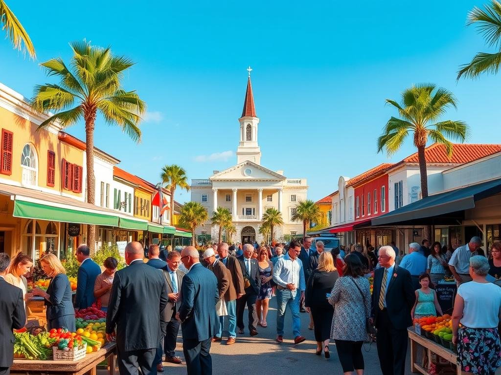 An overview of NW Florida’s Republican strongholds, showcasing a vibrant coastal town with traditional architecture. In the foreground, capture a bustling farmer's market with people dressed in professional business attire and modest casual clothing, engaging in conversation around local produce. The middle ground should feature iconic landmarks such as a historic courthouse and charming local cafes, bustling with activity. The background should depict a clear blue sky with palm trees framing the scene, symbolizing the area's sunny disposition. The lighting is bright and inviting, with warm sunlight casting soft shadows. The overall mood should convey a sense of community, pride, and strong conservative values, reflecting the region's identity.