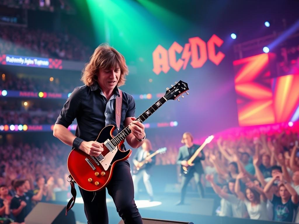 Angus Young, the charismatic lead guitarist of AC/DC, electrifying the stage at Raymond James Stadium in Tampa. The foreground features Young in his iconic schoolboy outfit, passionately playing his Gibson SG guitar, with a dynamic pose that exudes energy. In the middle ground, the rest of the band members are seen engaged in their instruments, adding to the high-octane atmosphere of the performance. The vibrant lighting illuminates the scene with dazzling colors, creating a lively, concert-like ambiance. In the background, a roaring crowd of enthusiastic fans, hands raised and faces illuminated by stage lights, captures the excitement of the event. The overall mood is one of exhilaration and rock 'n' roll passion, embodying the spirit of a legendary live performance. Angus Young, the charismatic lead guitarist of AC/DC, electrifying the stage at Raymond James Stadium in Tampa. The foreground features Young in his iconic schoolboy outfit, passionately playing his Gibson SG guitar, with a dynamic pose that exudes energy. In the middle ground, the rest of the band members are seen engaged in their instruments, adding to the high-octane atmosphere of the performance. The vibrant lighting illuminates the scene with dazzling colors, creating a lively, concert-like ambiance. In the background, a roaring crowd of enthusiastic fans, hands raised and faces illuminated by stage lights, captures the excitement of the event. The overall mood is one of exhilaration and rock 'n' roll passion, embodying the spirit of a legendary live performance.