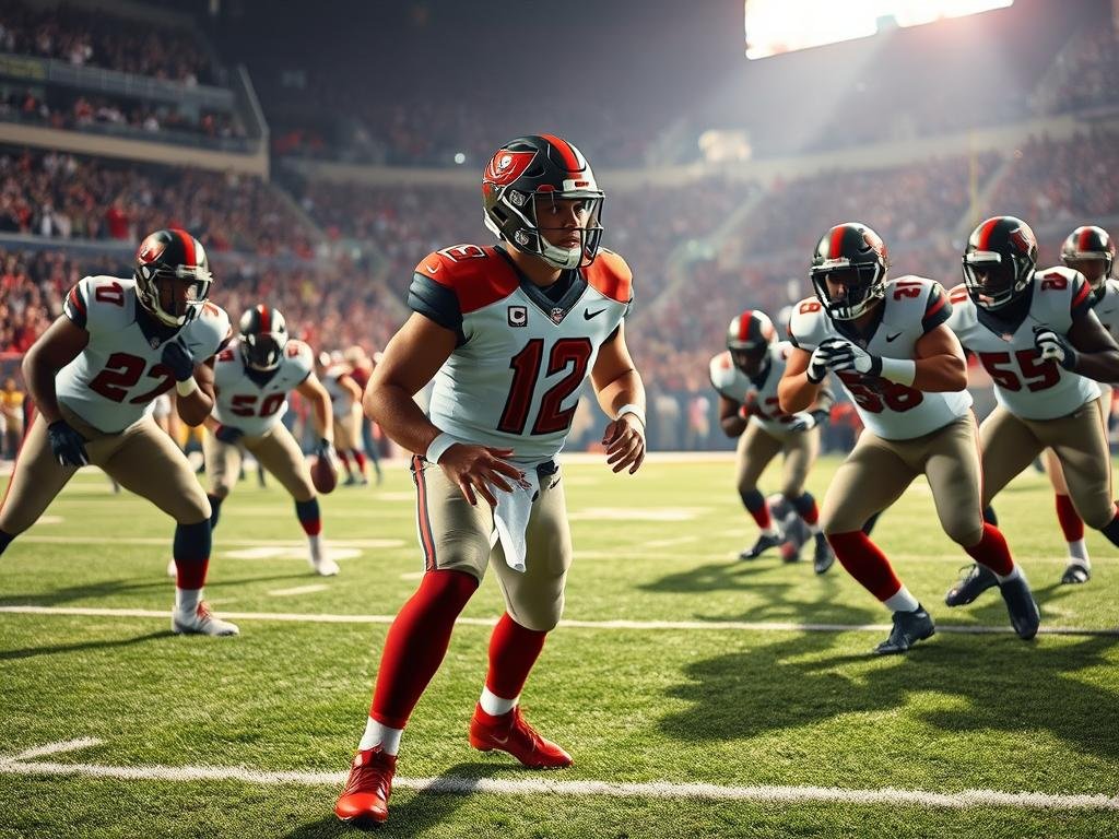 Baker Mayfield stands in the foreground as the central figure of an intense football scene, wearing a Buccaneers jersey and helmet, showcasing determination. His posture is strong, with a focus on the ground game, as he prepares to hand off the ball to a running back, who is poised behind him, ready to charge ahead. Surrounding them are offensive linemen in action, blocking fiercely against an unseen defensive line. The middle ground features a football field with a vibrant green turf, and the stadium stands filled with cheering fans, creating a dynamic atmosphere. The background captures the excitement of game day under bright stadium lights, casting dramatic shadows. The overall mood is energetic and competitive, emphasizing teamwork and strategy in a pivotal moment of the game. Baker Mayfield stands in the foreground as the central figure of an intense football scene, wearing a Buccaneers jersey and helmet, showcasing determination. His posture is strong, with a focus on the ground game, as he prepares to hand off the ball to a running back, who is poised behind him, ready to charge ahead. Surrounding them are offensive linemen in action, blocking fiercely against an unseen defensive line. The middle ground features a football field with a vibrant green turf, and the stadium stands filled with cheering fans, creating a dynamic atmosphere. The background captures the excitement of game day under bright stadium lights, casting dramatic shadows. The overall mood is energetic and competitive, emphasizing teamwork and strategy in a pivotal moment of the game.