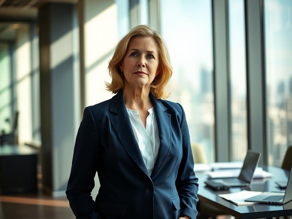 Eileen McGann, a professional woman in her 50s, stands confidently in a modern office setting, dressed in a navy blue blazer and crisp white blouse. Her demeanor portrays a sense of strength and introspection. In the foreground, soft natural light streams through large windows, illuminating her thoughtful expression as she gazes out, illustrating her career-focused mindset and public curiosity about her life. The middle scene features a sleek desk cluttered with documents and a laptop, hinting at her active professional life. In the background, a blurred city skyline is visible, creating a professional atmosphere. The overall mood is inspirational and contemplative, capturing the essence of her multifaceted life amidst a subtly vibrant environment. Eileen McGann, a professional woman in her 50s, stands confidently in a modern office setting, dressed in a navy blue blazer and crisp white blouse. Her demeanor portrays a sense of strength and introspection. In the foreground, soft natural light streams through large windows, illuminating her thoughtful expression as she gazes out, illustrating her career-focused mindset and public curiosity about her life. The middle scene features a sleek desk cluttered with documents and a laptop, hinting at her active professional life. In the background, a blurred city skyline is visible, creating a professional atmosphere. The overall mood is inspirational and contemplative, capturing the essence of her multifaceted life amidst a subtly vibrant environment.