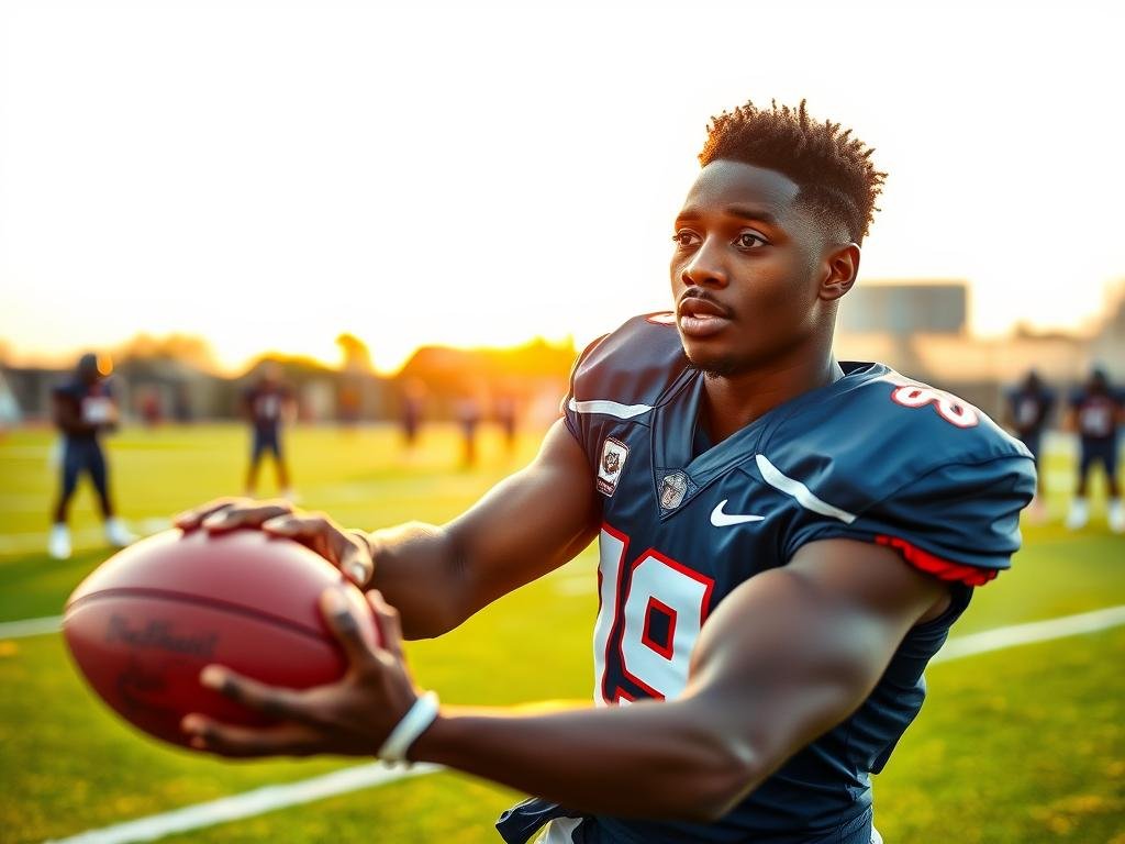 Emeka Egbuka, a young African American male football player, is positioned dynamically on a football field, showcasing determination as he prepares to catch a pass. In the foreground, he wears a sleek navy blue Buccaneers uniform with subtle team logos, and his expression reflects focus and confidence. The middle ground reveals teammates in the background, practicing drills, the vibrant green turf contrasting with the players' bright uniforms. Above, the sky is clear with a warm golden sunset casting soft, dramatic lighting that highlights Egbuka's athletic build and his readiness to succeed. The depth of field focuses sharply on Egbuka, creating an inspiring atmosphere filled with hope and opportunity, perfect for illustrating his bounce-back potential in the game. Emeka Egbuka, a young African American male football player, is positioned dynamically on a football field, showcasing determination as he prepares to catch a pass. In the foreground, he wears a sleek navy blue Buccaneers uniform with subtle team logos, and his expression reflects focus and confidence. The middle ground reveals teammates in the background, practicing drills, the vibrant green turf contrasting with the players' bright uniforms. Above, the sky is clear with a warm golden sunset casting soft, dramatic lighting that highlights Egbuka's athletic build and his readiness to succeed. The depth of field focuses sharply on Egbuka, creating an inspiring atmosphere filled with hope and opportunity, perfect for illustrating his bounce-back potential in the game.