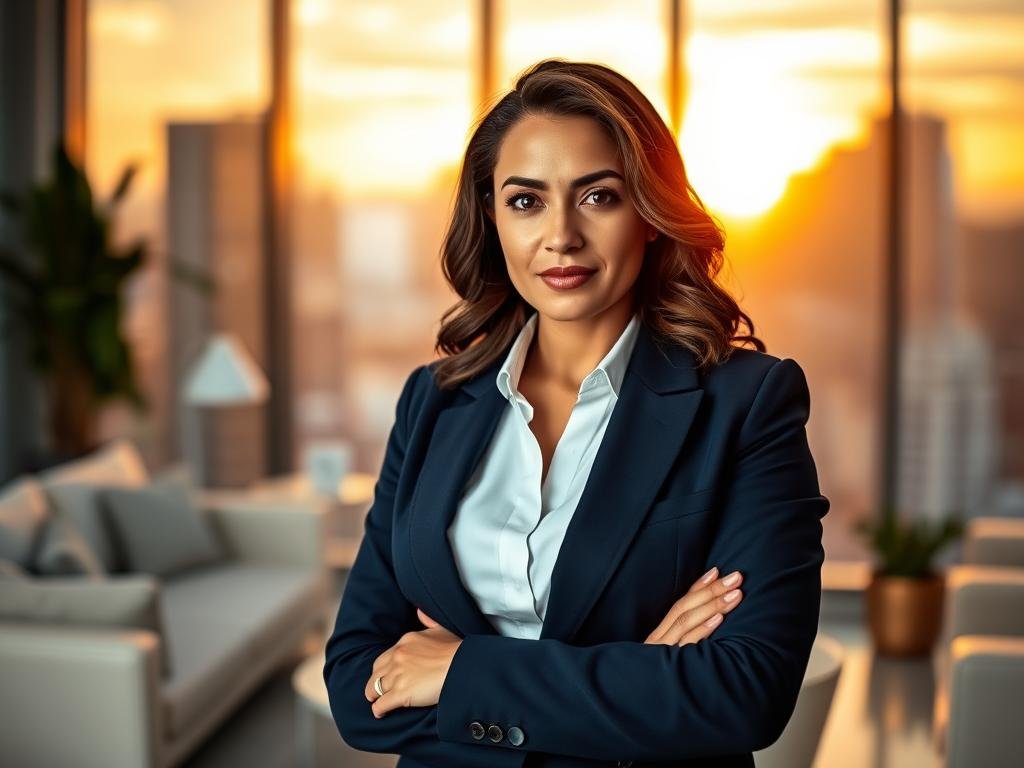 Maritza Martin, a confident Latina woman in her early 30s, stands at the forefront of the image, dressed in a professional navy blue blazer over a crisp white blouse, exuding an air of determination and professionalism. Her hair is styled in soft waves, and she gazes directly at the viewer with a compelling expression. In the middle ground, a softly blurred office environment is visible, featuring modern furnishings and soft, warm lighting to create an inviting atmosphere. The background is filled with a large window displaying a city skyline at sunset, illuminating the scene with golden hues. The composition is shot from a slightly low angle, emphasizing her presence and authority in the image, while capturing the overall mood of resilience and focus.
