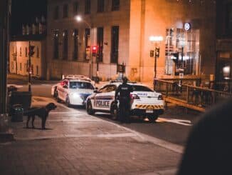 Police cars and officers in an urban street at night, creating a dynamic city vibe.