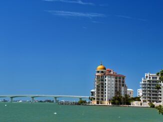 Stunning waterfront view of Sarasota's skyline and bridge under a clear blue sky.
