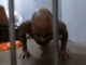 Man in prison uniform doing push-ups inside a cell with concrete walls.